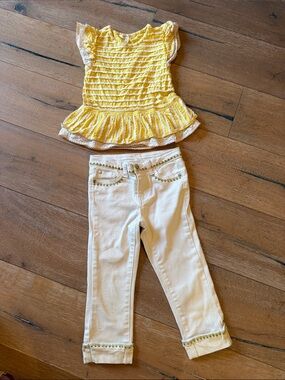 Matilda Jane Yellow Ruffle Peplum Top with Cream Jeans
